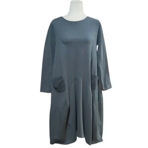 Baci Gray Cotton Jersey Lagenlook Dress Long Sleeve Midi Pocket Made in Italy L